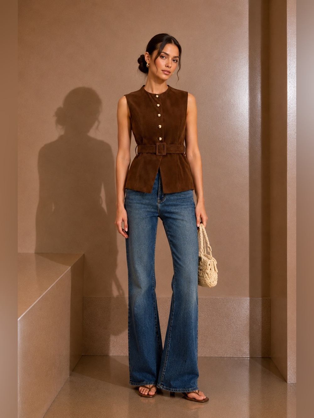 Commense Brown Sleeveless Suede Belted Top with Gold Buttons